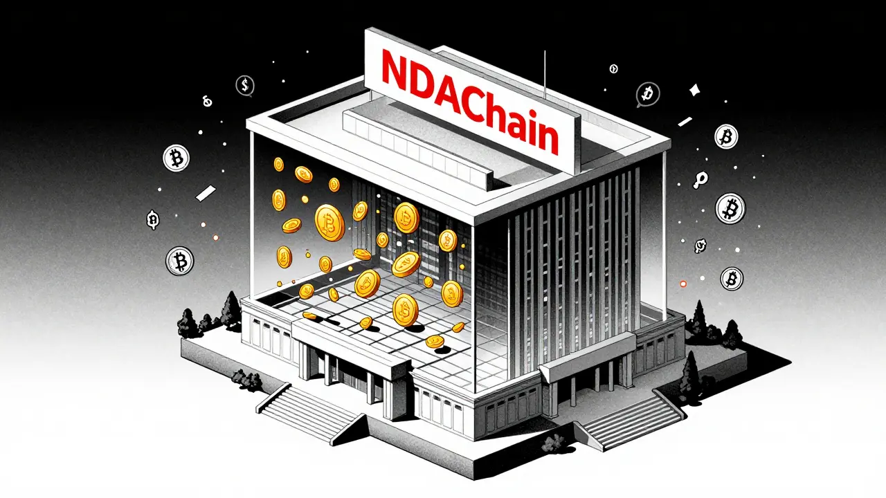 Representación gráfica de NDAChain, el blockchain nacional vietnamita en duotono