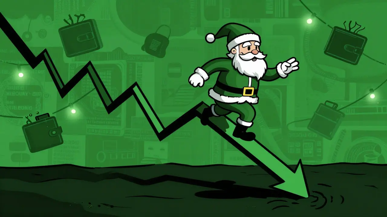 Santa sobre un gráfico volátil representando el riesgo cripto