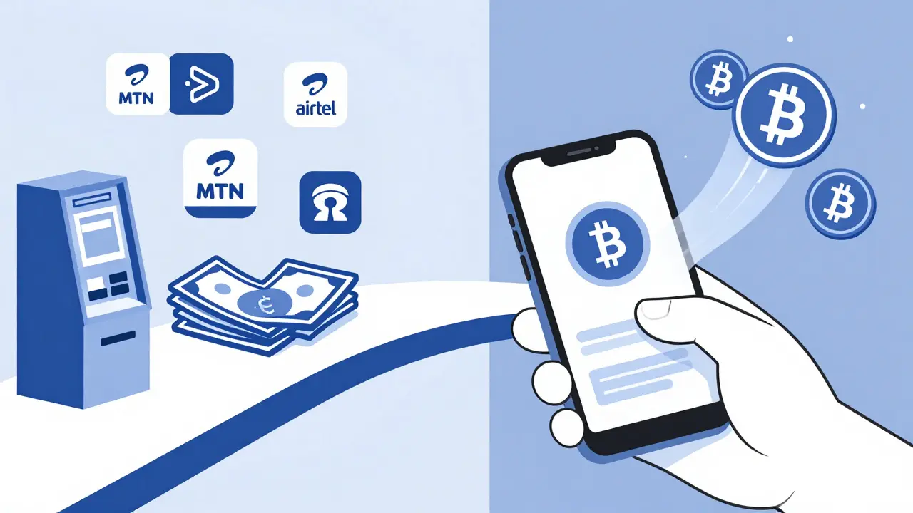 Teléfono móvil conectando dinero móvil local con criptomonedas en estilo duotono