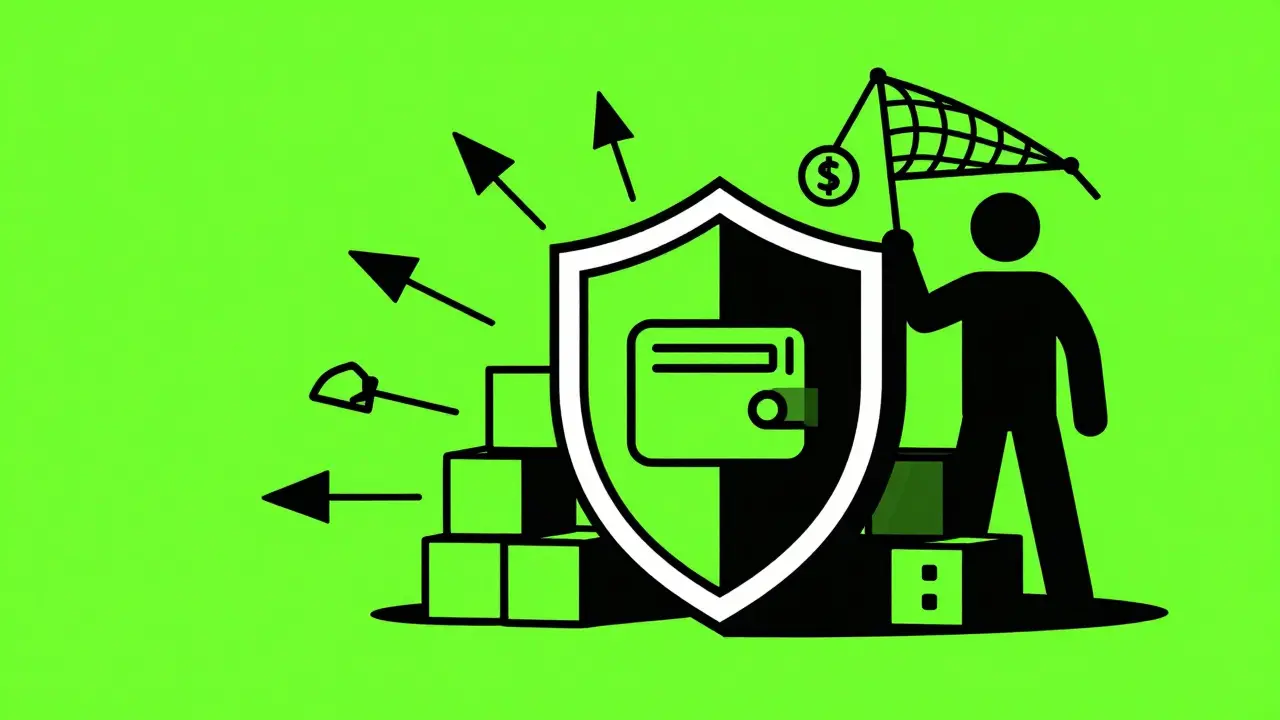 Arte gráfico en duotono que muestra un escudo protegiendo una billetera digital contra ataques de phishing.
