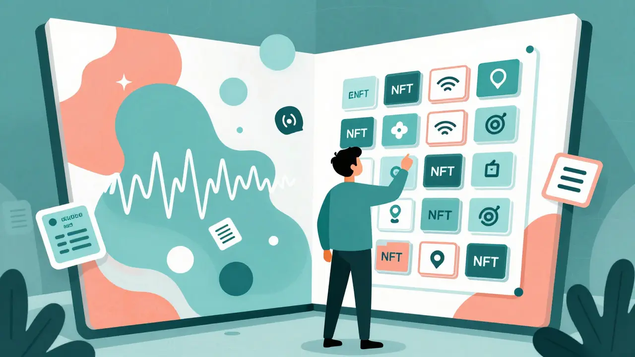 Artista creando NFTs en ecosistema digital estilo duotono