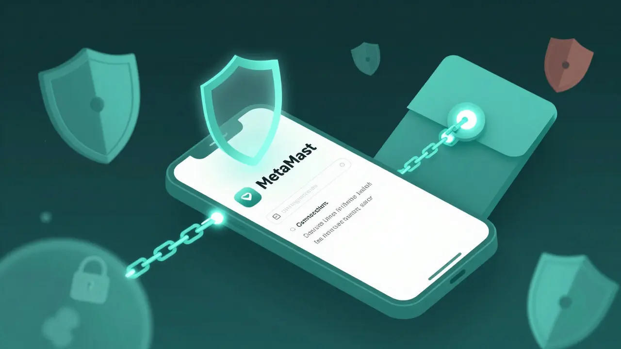 Billetera digital segura conectándose a una red blockchain en estilo duotono