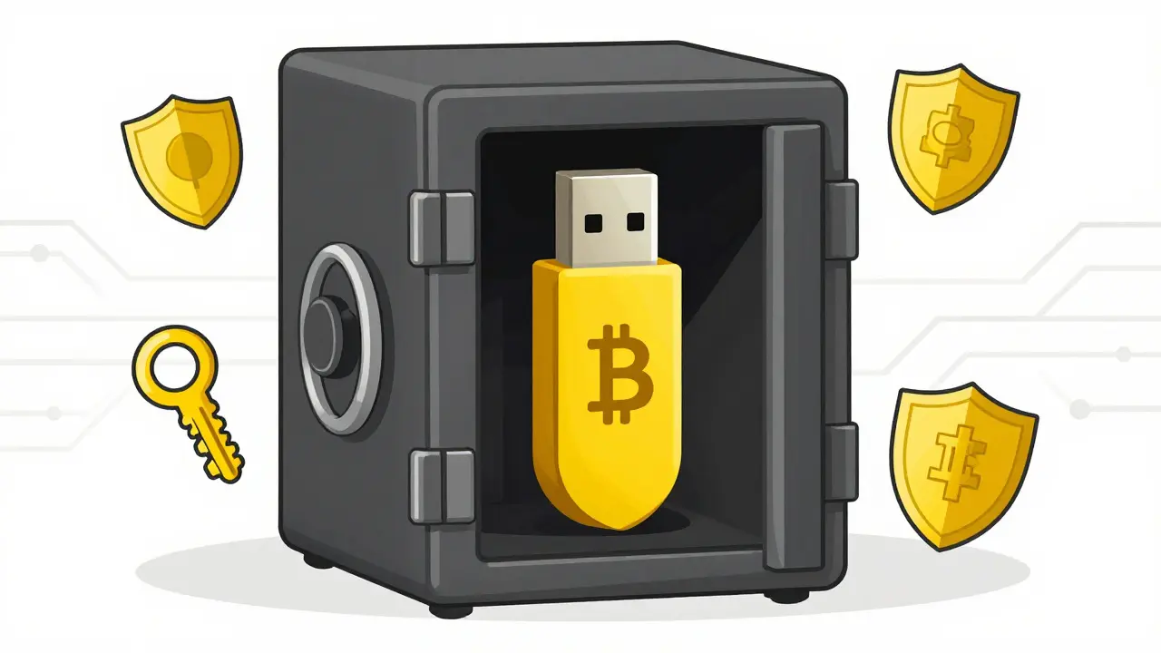 Billetera fría y cofre fuerte simbolizando seguridad cripto en duotono