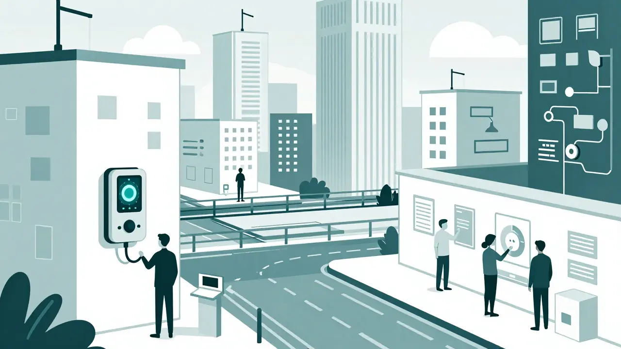Ciudad futurista con infraestructura energética inteligente y cumplimiento regulatorio