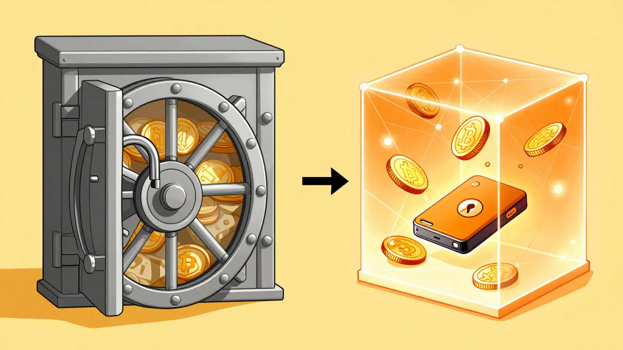 Comparación visual entre banco cerrado y flujo libre de criptomonedas