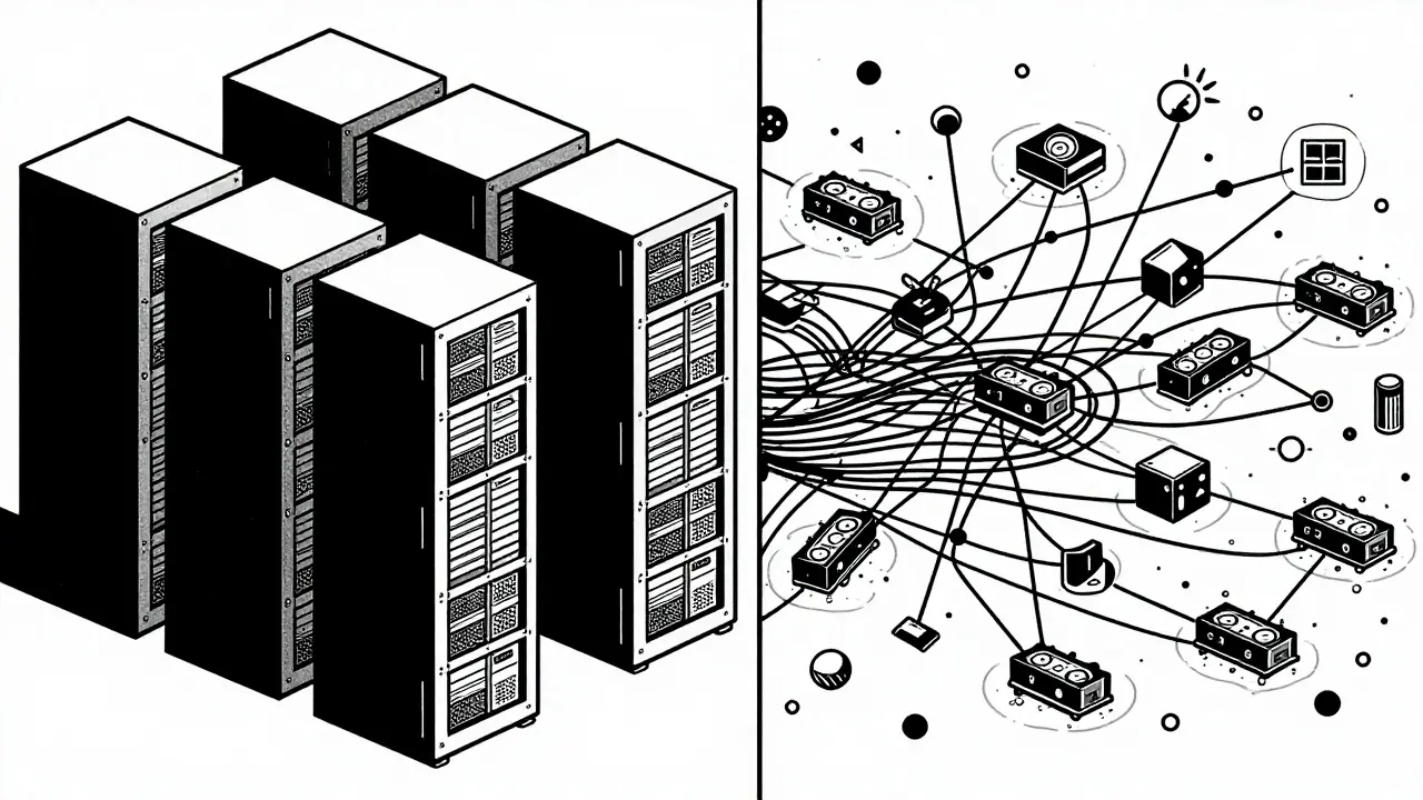 Comparativa gráfica entre servidores centralizados y red descentralizada
