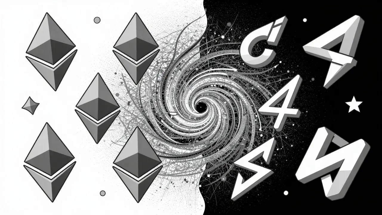 Confusión de blockchain Ethereum vs Solana en duotono