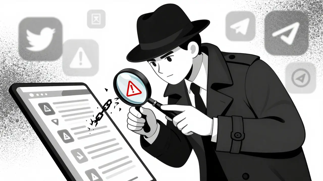 Detective examinando datos cripto con lupa, revelando riesgos y redes sociales falsas en blanco y negro