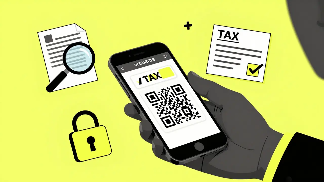 Dibujo duotono: usuario verificando licencias de seguridad y cumplimiento fiscal en su teléfono