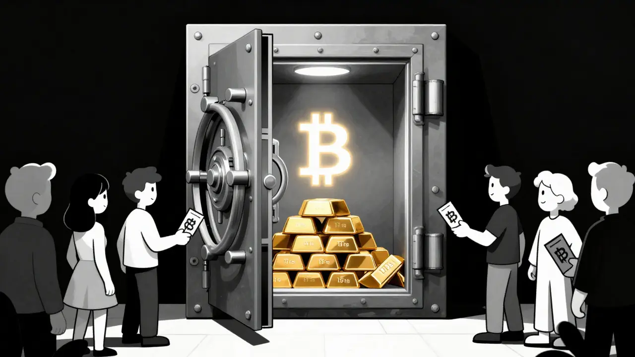 Dibujo en blanco y negro mostrando un cofre fuerte con bitcoins y acciones fraccionadas para inversores.