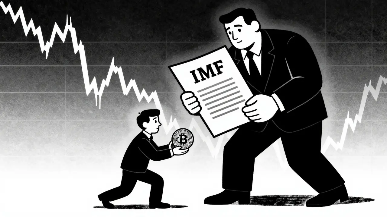 Escena conceptual en blanco y negro sobre la presión del FMI y el Bitcoin en El Salvador
