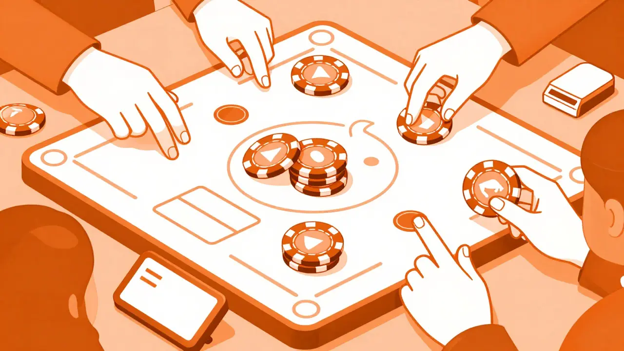 Escena de juego StakeHouse con fichas virtuales en estilo ilustrativo duotono