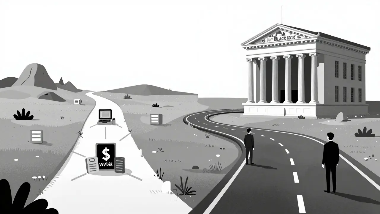 Estilo cómic en duotono comparando la inversión descentralizada con el camino institucional de los ETFs.