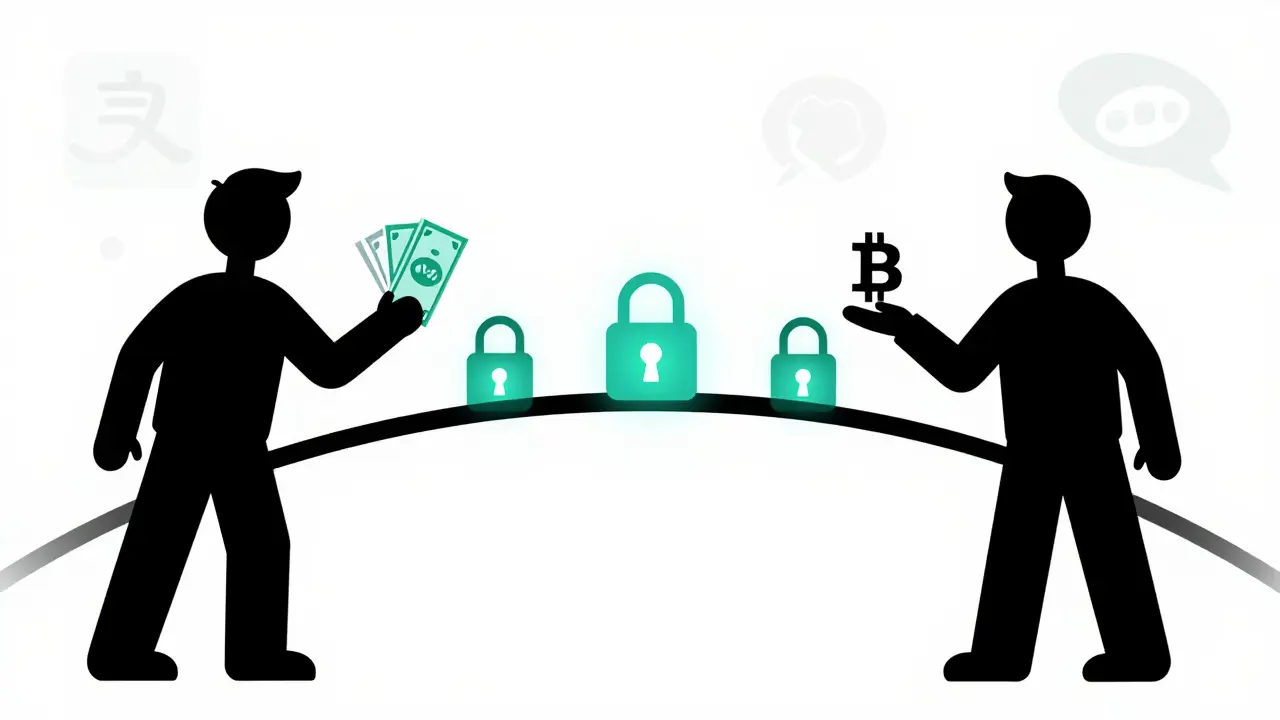 Ilustración de comercio P2P seguro entre dos usuarios en duotono
