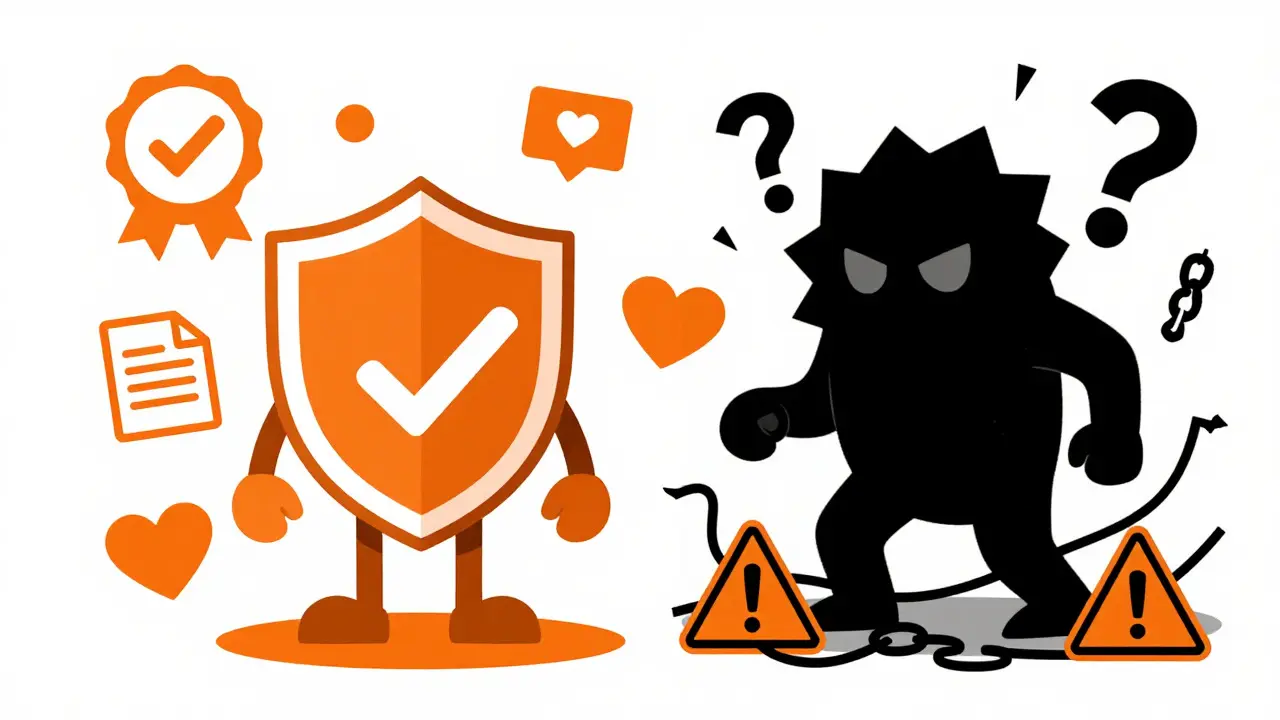 Ilustración dividida que compara prácticas seguras y estafas en criptomonedas