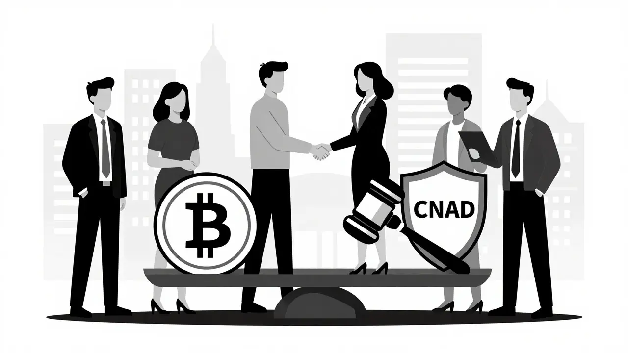 Ilustración duotono de la regulación CNAD y el equilibrio entre cripto y estabilidad