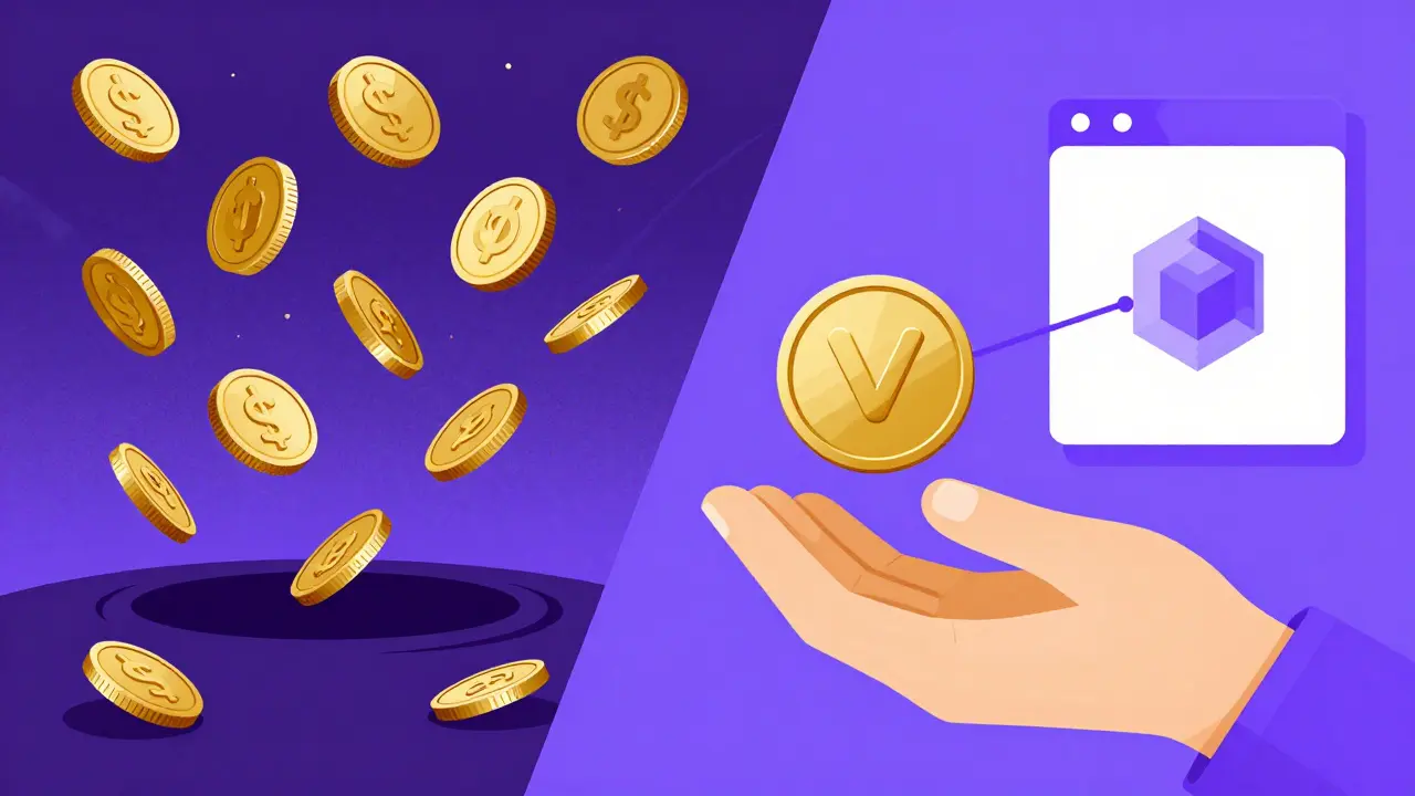 Ilustración en duotono comparando la especulación riesgosa con el comercio seguro en exchanges descentralizados.