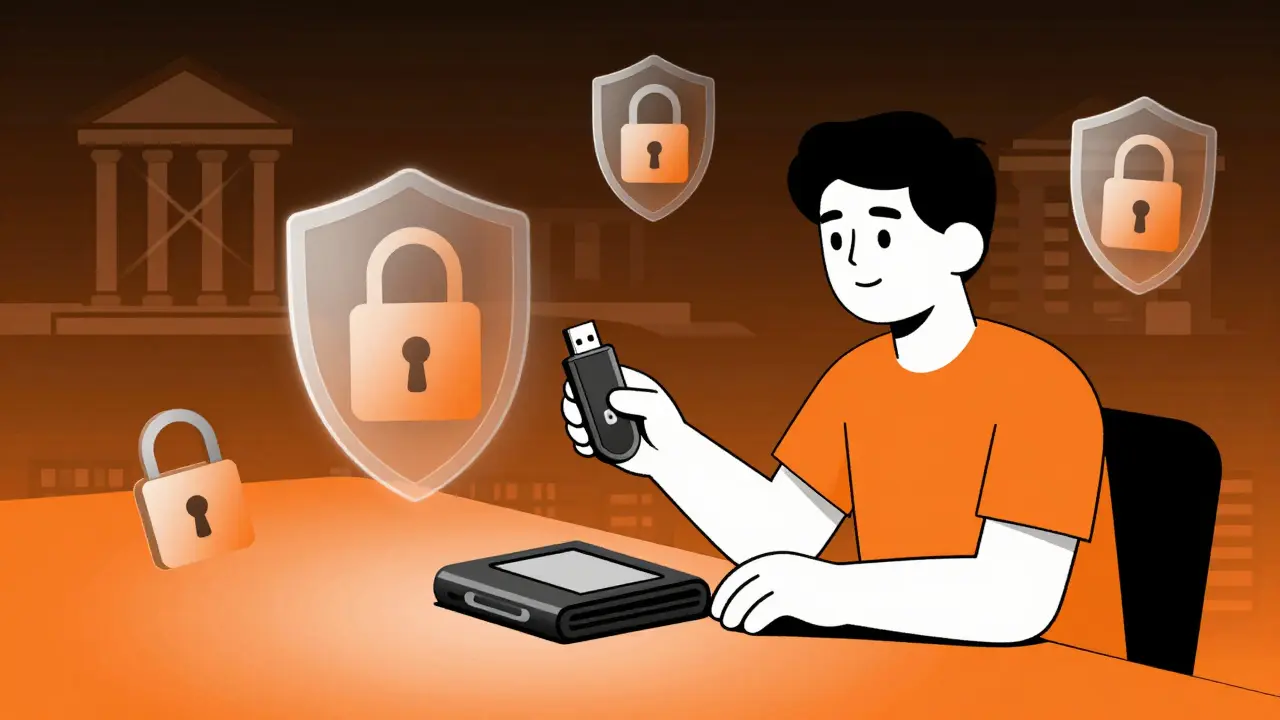 Persona usando una billetera de hardware con símbolos de seguridad