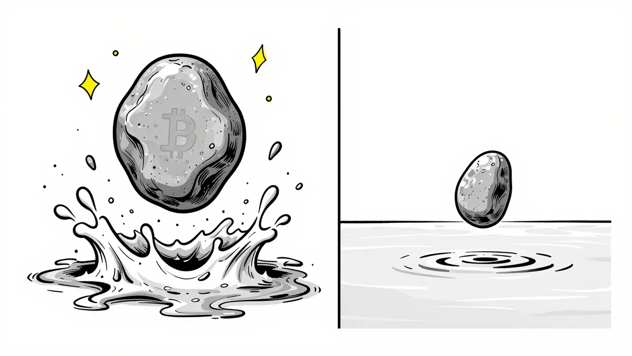 Piedra en estanque vs océano mostrando liquidez cripto