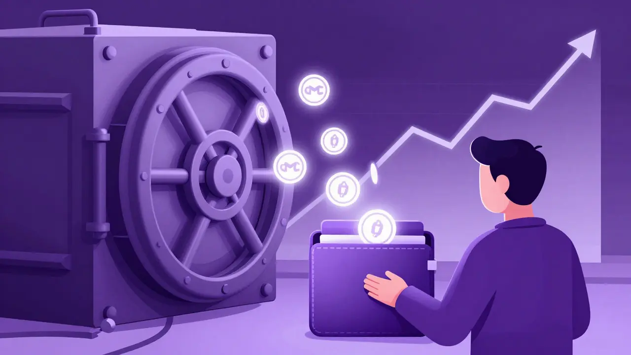Representación conceptual de reclamación y staking de tokens CMC en duotono