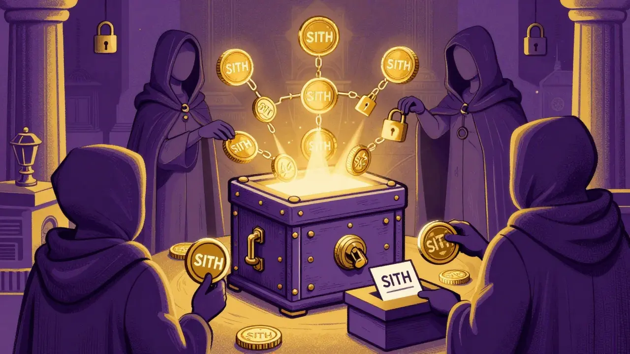 Representación del mecanismo de gobernanza veSITH y bóveda de tokens en duotono.