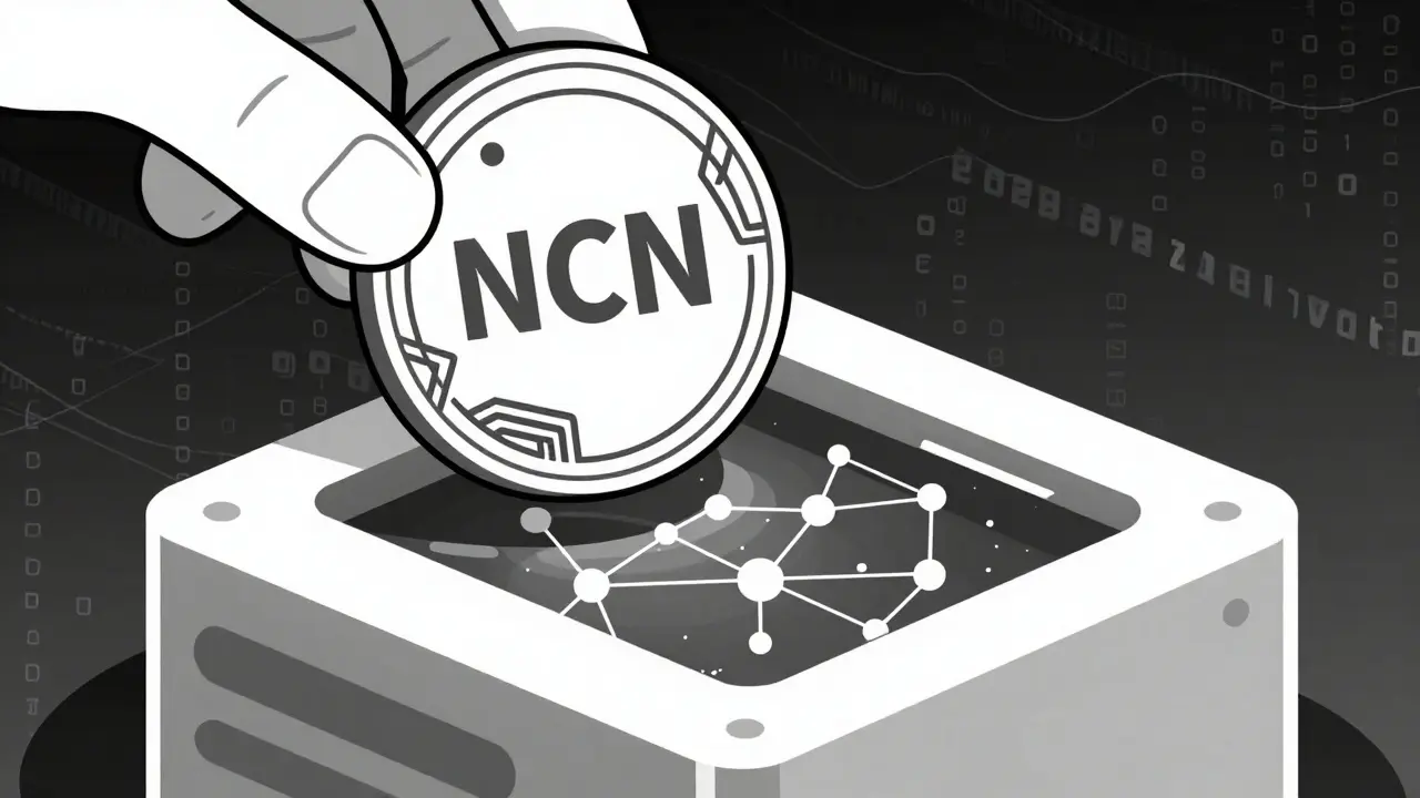 Token NCN siendo procesado en un bloque de cadena con nodos IA