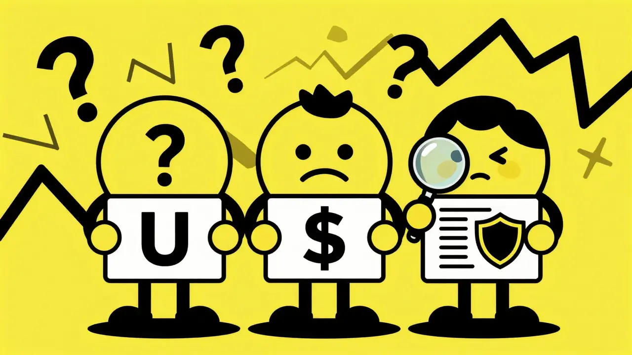 Tres personajes confusos con símbolos de tokens distintos advirtiendo sobre riesgos