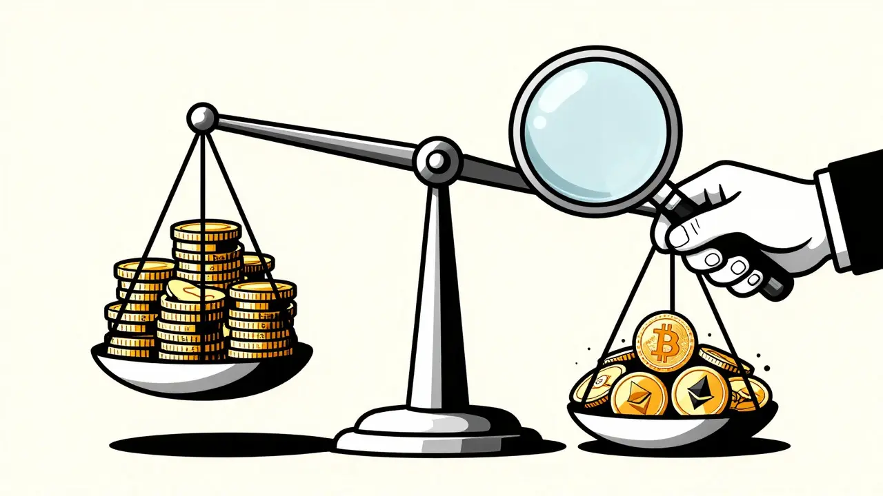 Balanza pesando activos cripto y base costo en estilo duotono