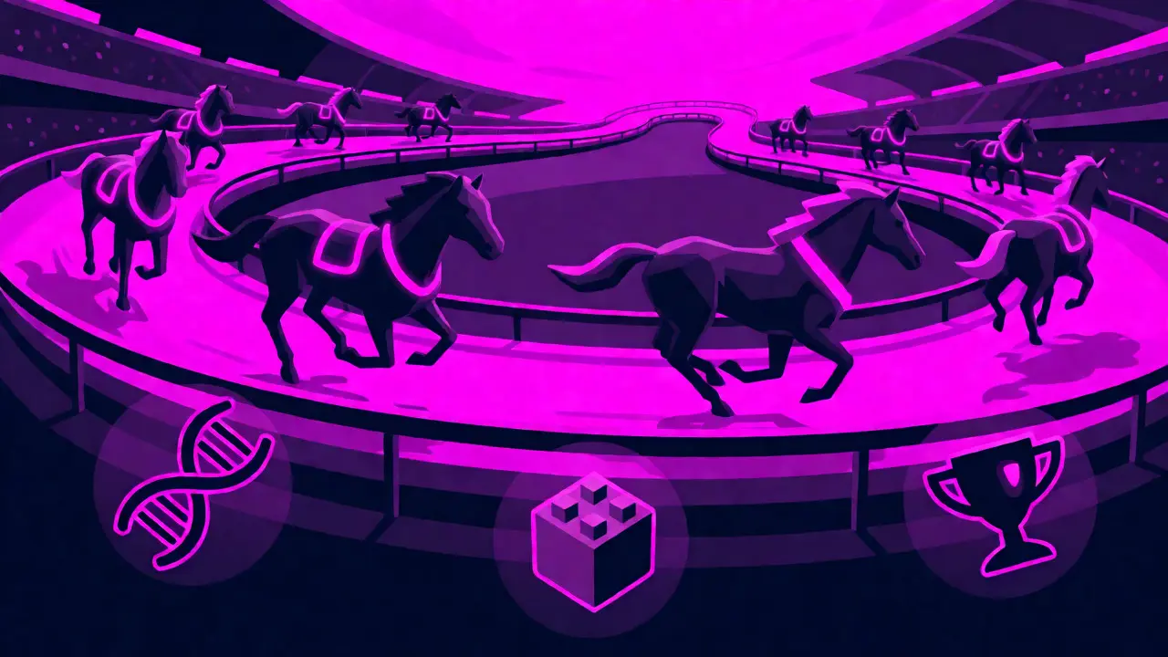 Caballos estilizados corriendo en pista con íconos de utilidad