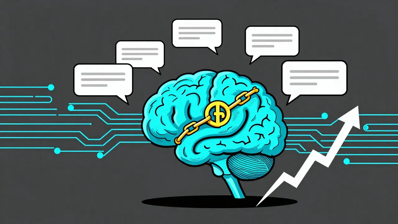 Cerebro de red neuronal procesando datos de blockchain y sentimiento