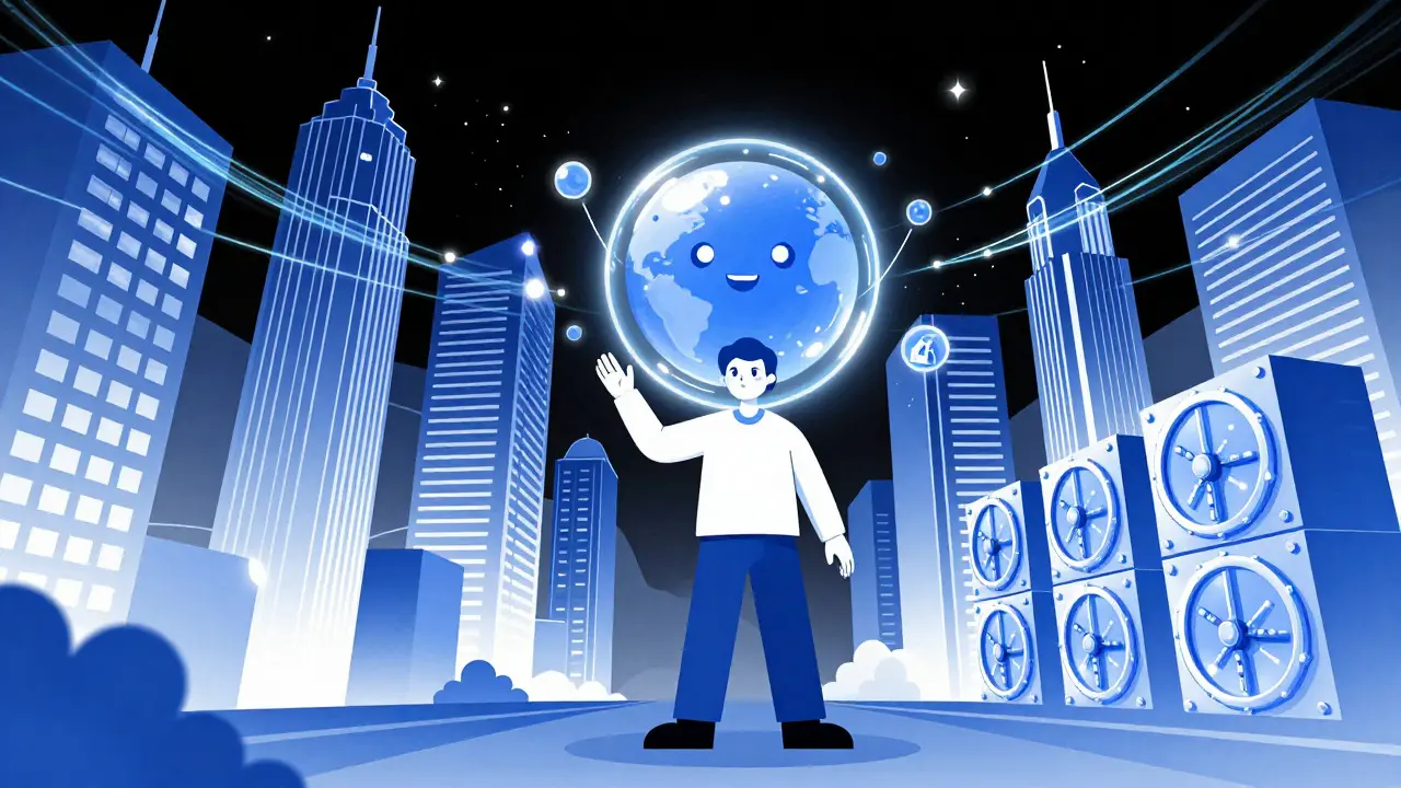 Ciudad futurista en estilo duotono con ríos de datos holográficos conectando edificios y bóvedas de blockchain