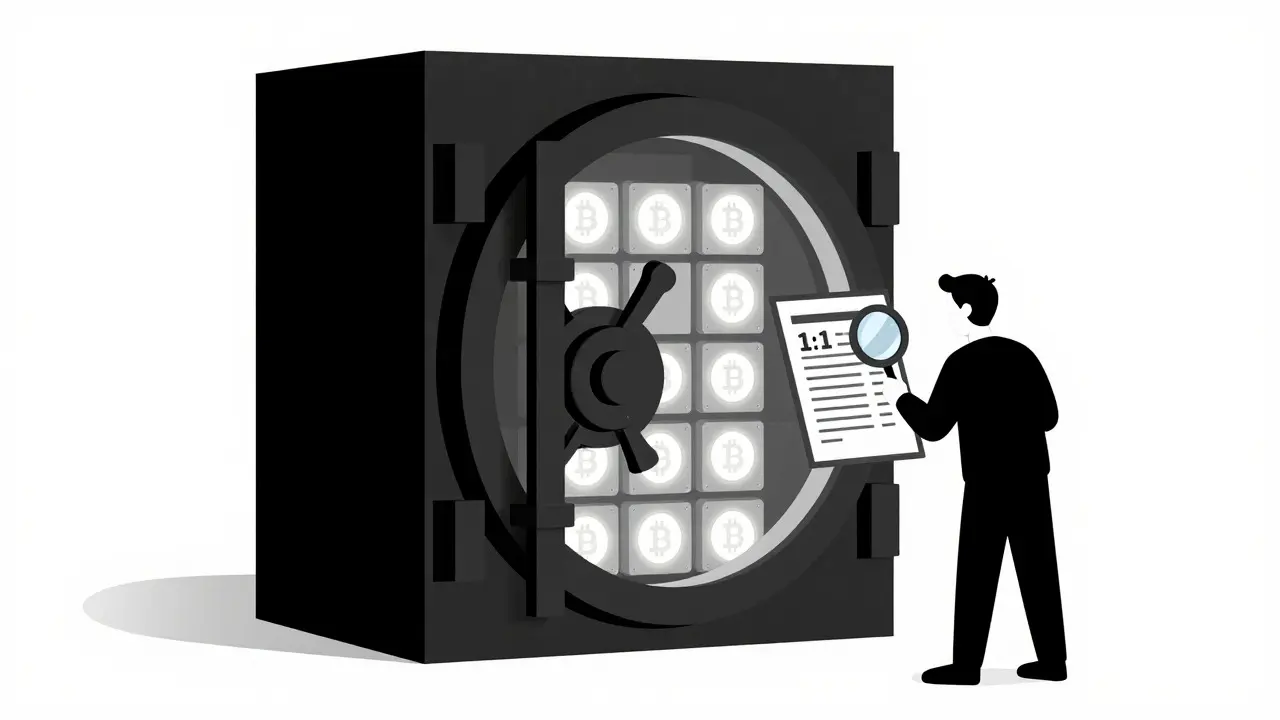 Cofre de seguridad cripto y auditoría de reservas en estilo duotono