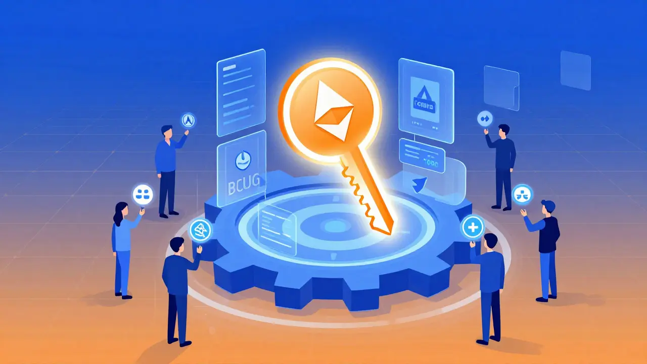 Concepto ilustrado de gobernanza y utilidades del token con engranajes digitales