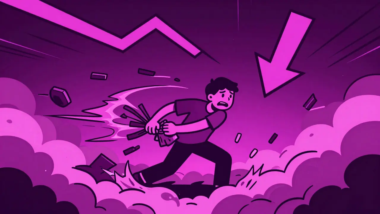 Escena caótica donde un personaje lucha contra una tormenta que simboliza la liquidación por movimientos bruscos del mercado.