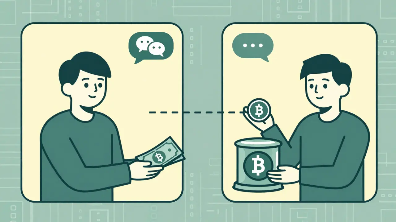 Estilo duotono mostrando comercio P2P de criptomonedas mediante aplicaciones de mensajería