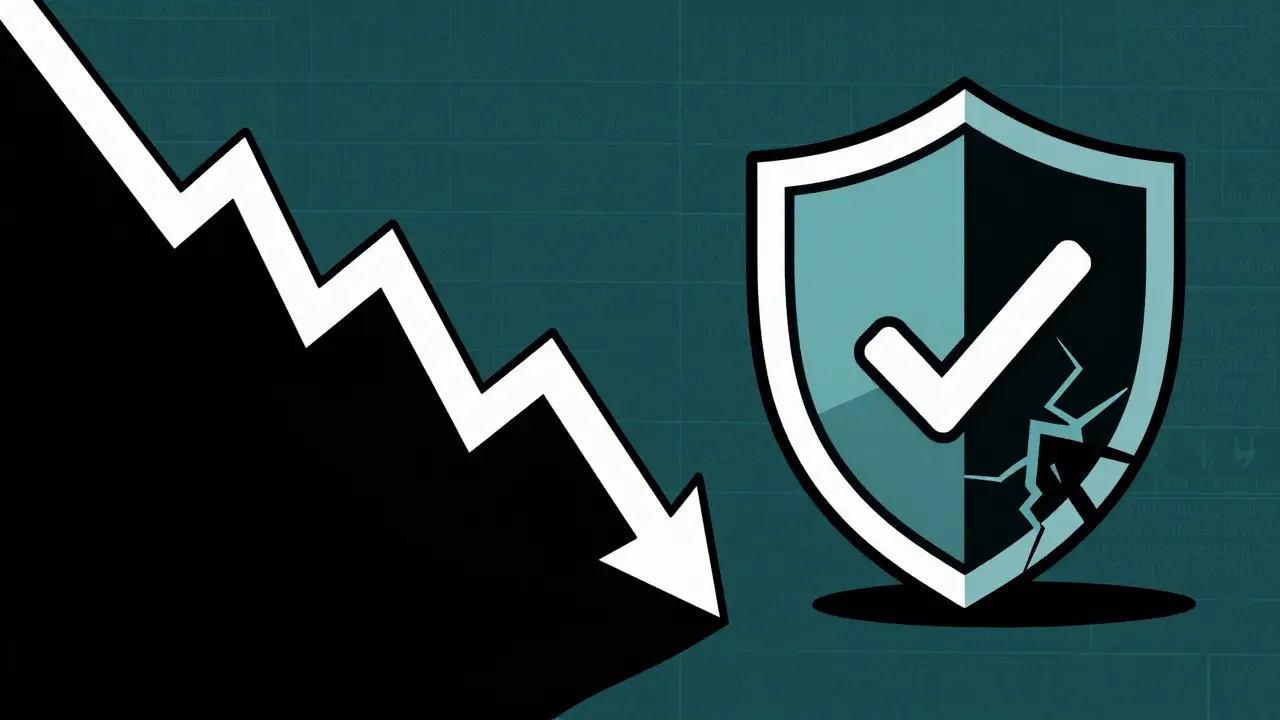 Gráfico de mercado caótico con escudo roto representando riesgos