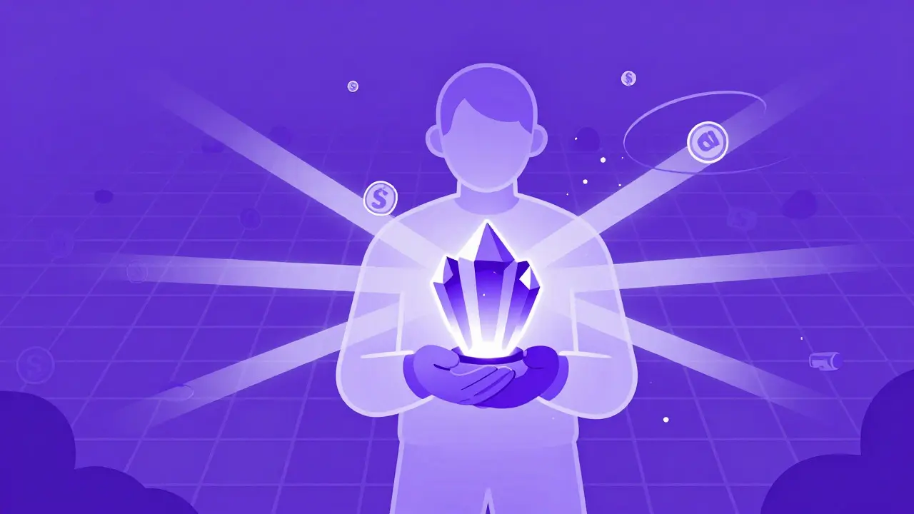Ilustración abstracta de un avatar sosteniendo un activo NFT brillante sobre una red blockchain.
