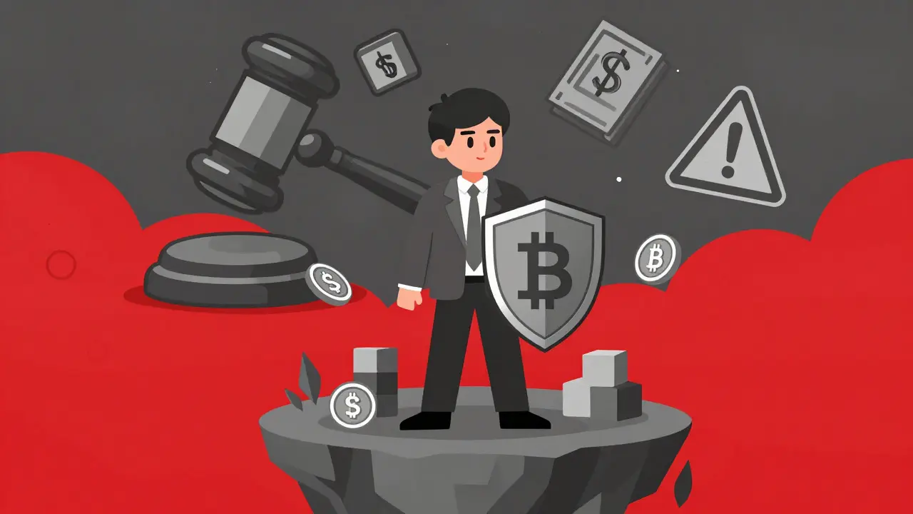 Ilustración duotono de un usuario resistiendo presiones regulatorias con activos digitales