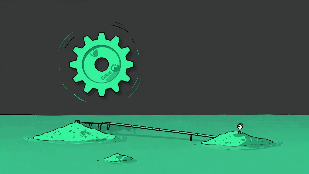 Ilustración duotono de una red blockchain con un puente frágil simbolizando baja liquidez