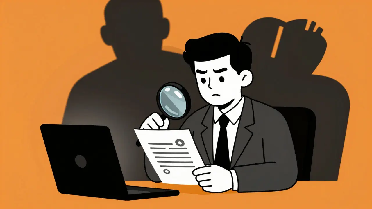 Inversor revisando documentos ausentes con lupa bajo luz tensa