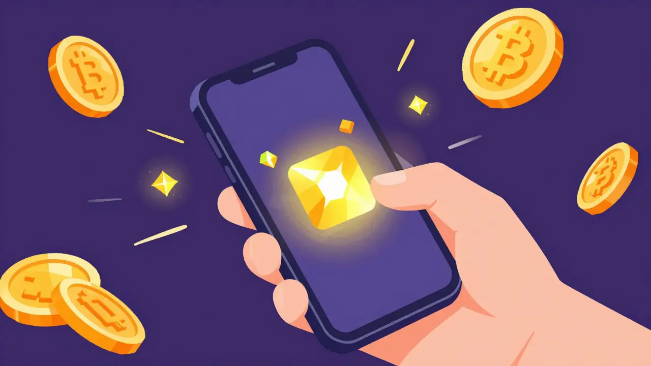 Mano sosteniendo un móvil con monedas digitales flotantes en estilo ilustrativo duotono.