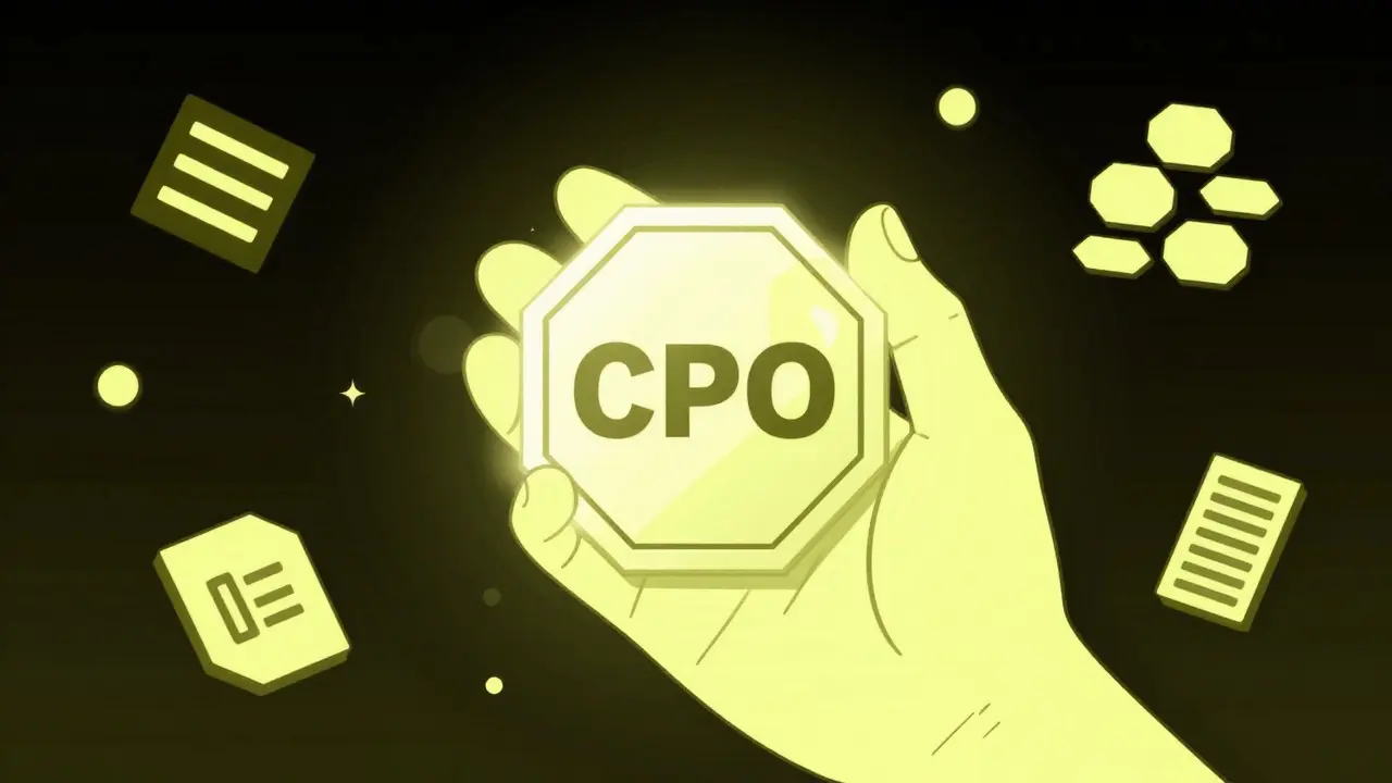 Mano sosteniendo un token brillante con formas geométricas flotantes alrededor