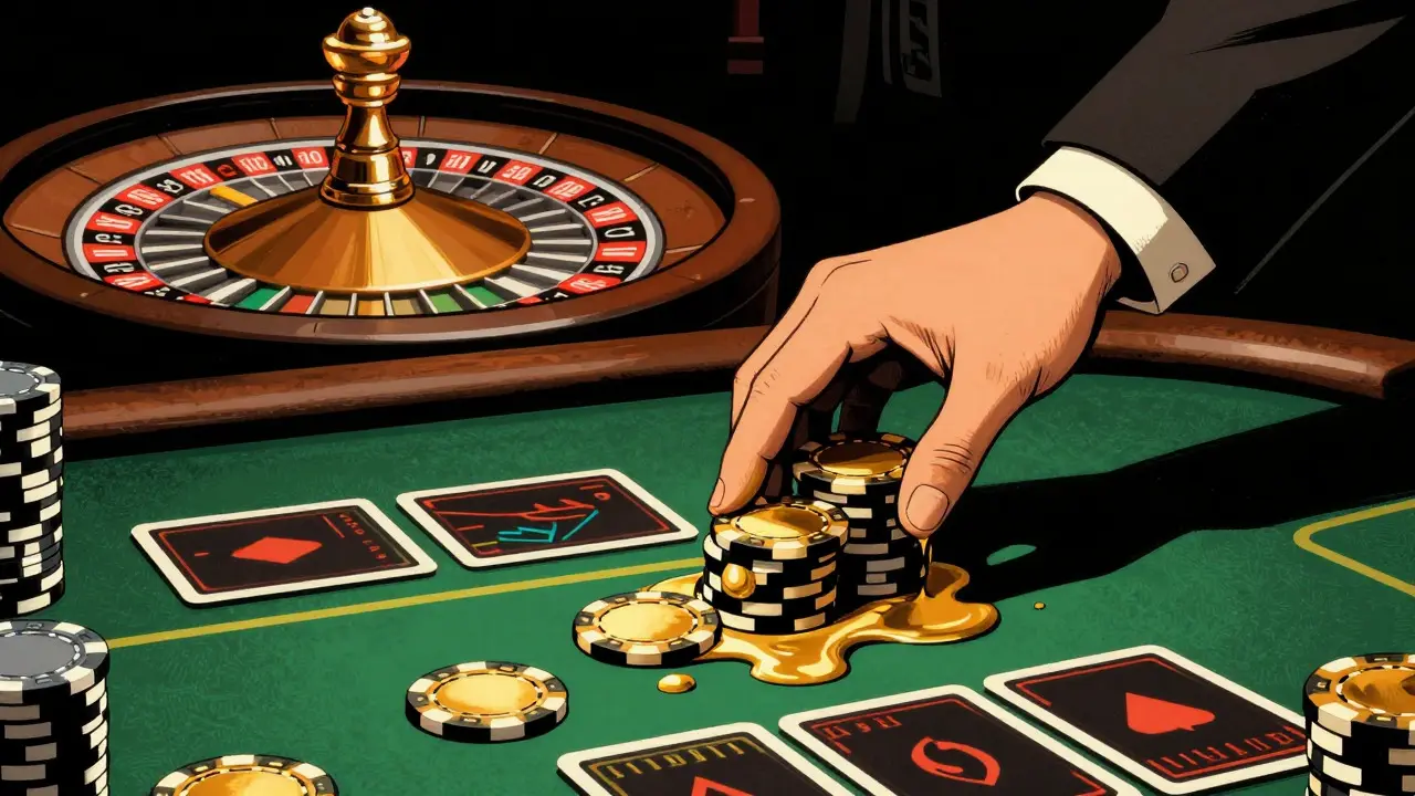 Mesa de casino con fichas derretidas y una ruleta descontrolada en estilo duotono