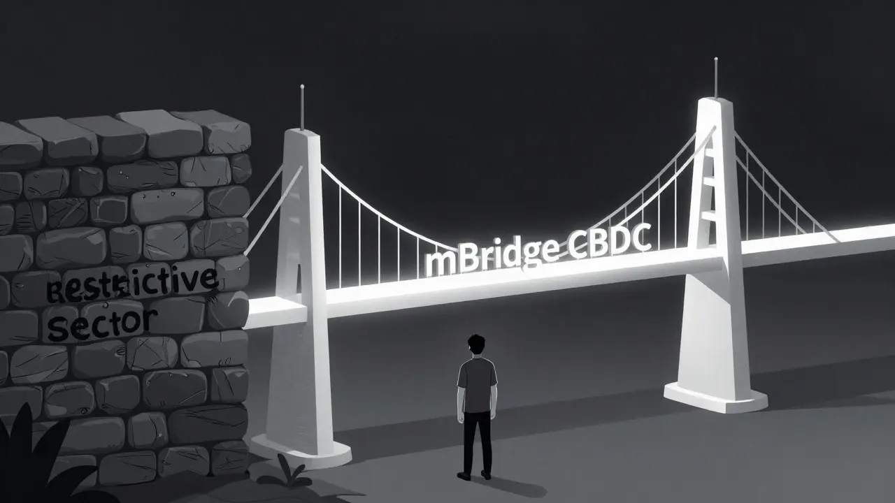 Metáfora visual de la infraestructura CBDC mBridge frente a las barreras bancarias