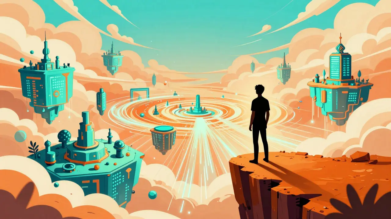 Persona contemplando un vasto paisaje de mundos virtuales interconectados desde un acantilado digital.
