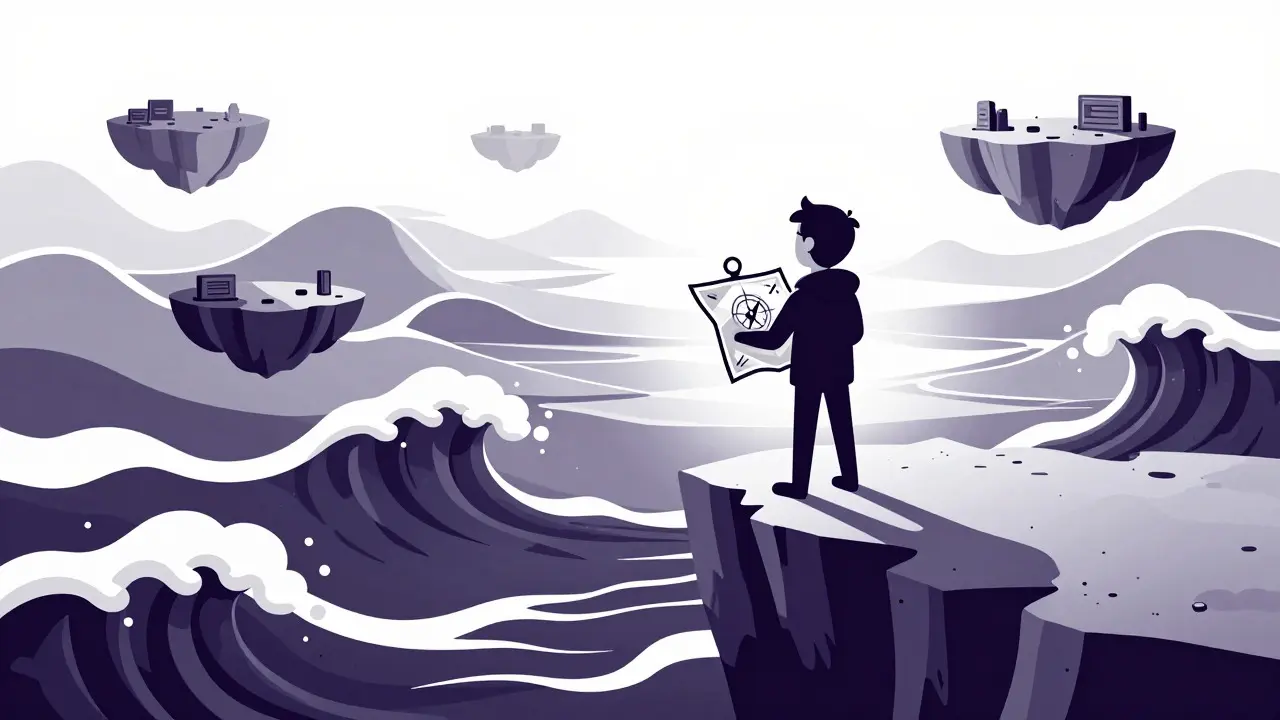 Personaje en un acantilado mirando olas turbulentas, simbolizando el riesgo del mercado