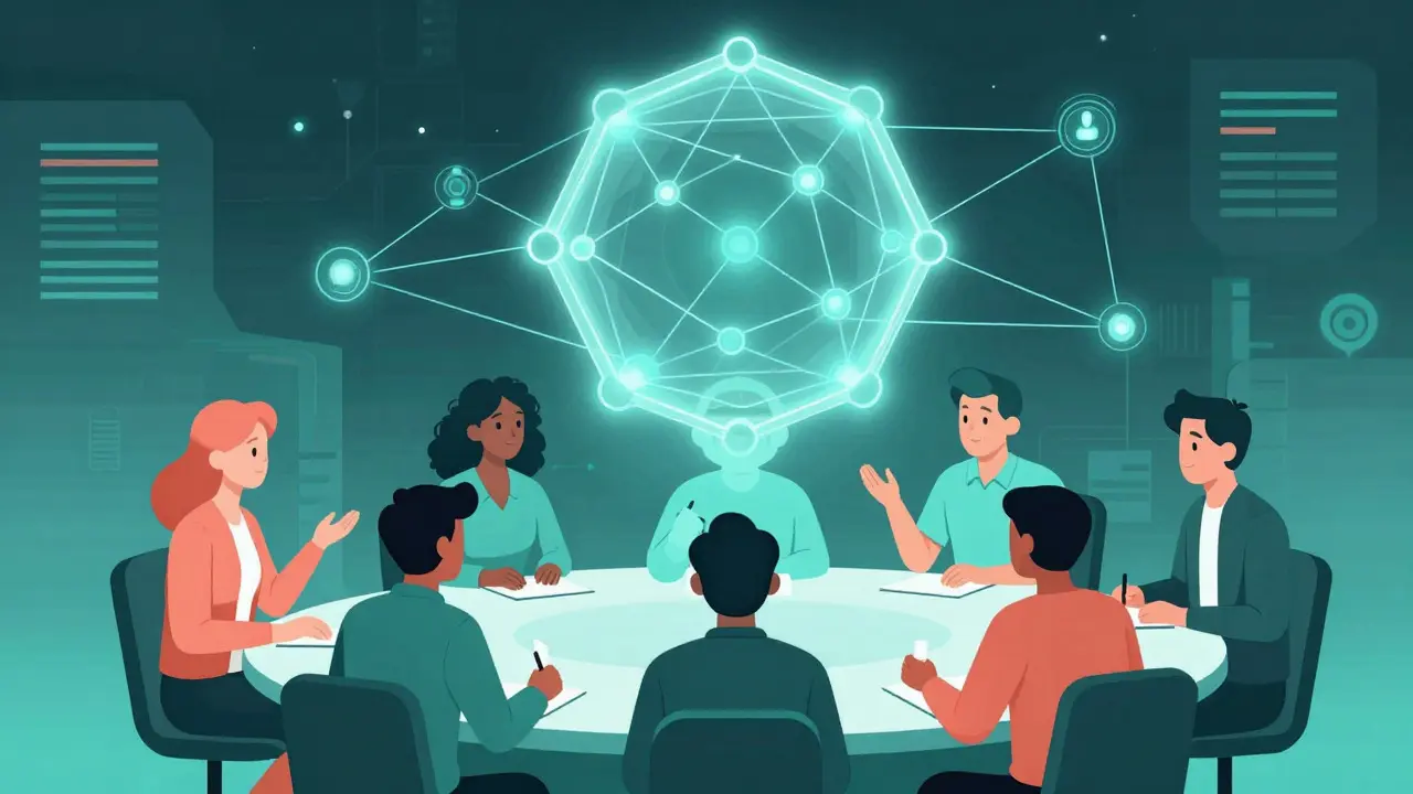 Personajes discutiendo bajo una red hexagonal brillante que representa la blockchain.