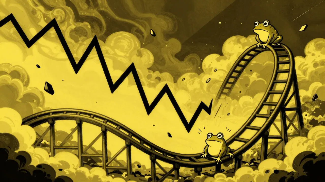 Rana en una montaña rusa volátil en estilo duotono, ilustrando los riesgos del mercado cripto.