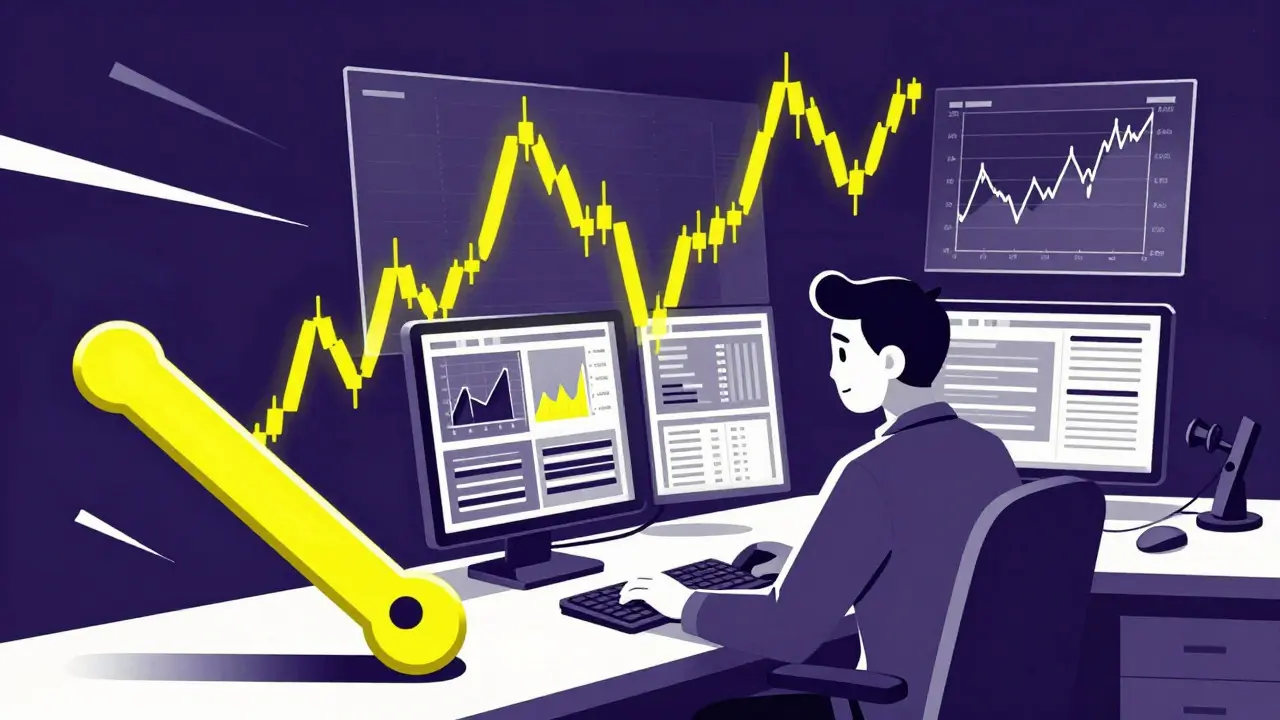 Trader gestionando gráficos flotantes en un escritorio moderno