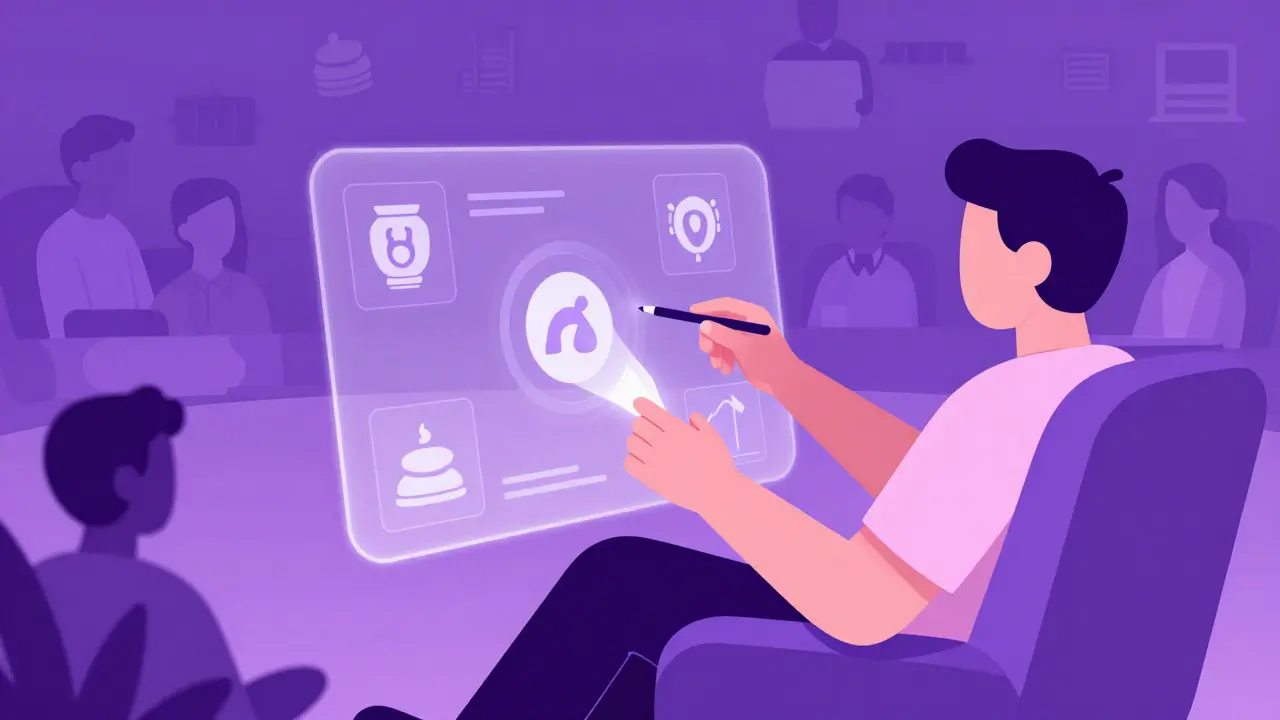 Un usuario interactúa con una interfaz financiera flotante que genera ingresos pasivos en DeFi